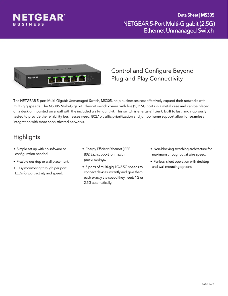 Page n°1 - Fiche technique Netgear MS305