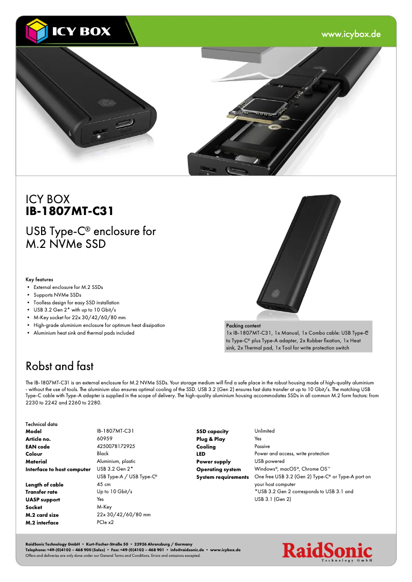 Page 1 de la notice Fiche technique Icy Box IB-1807MT-C31