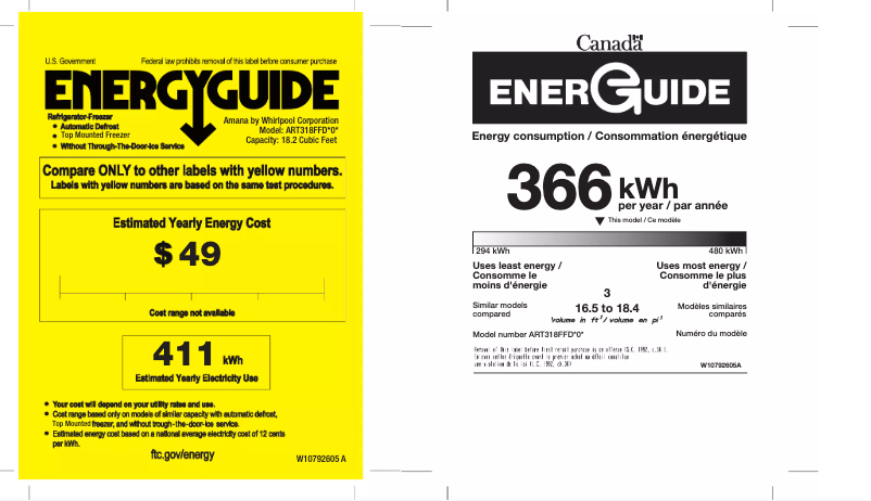 Page 1 de la notice Label énergétique Amana ART318FFDW