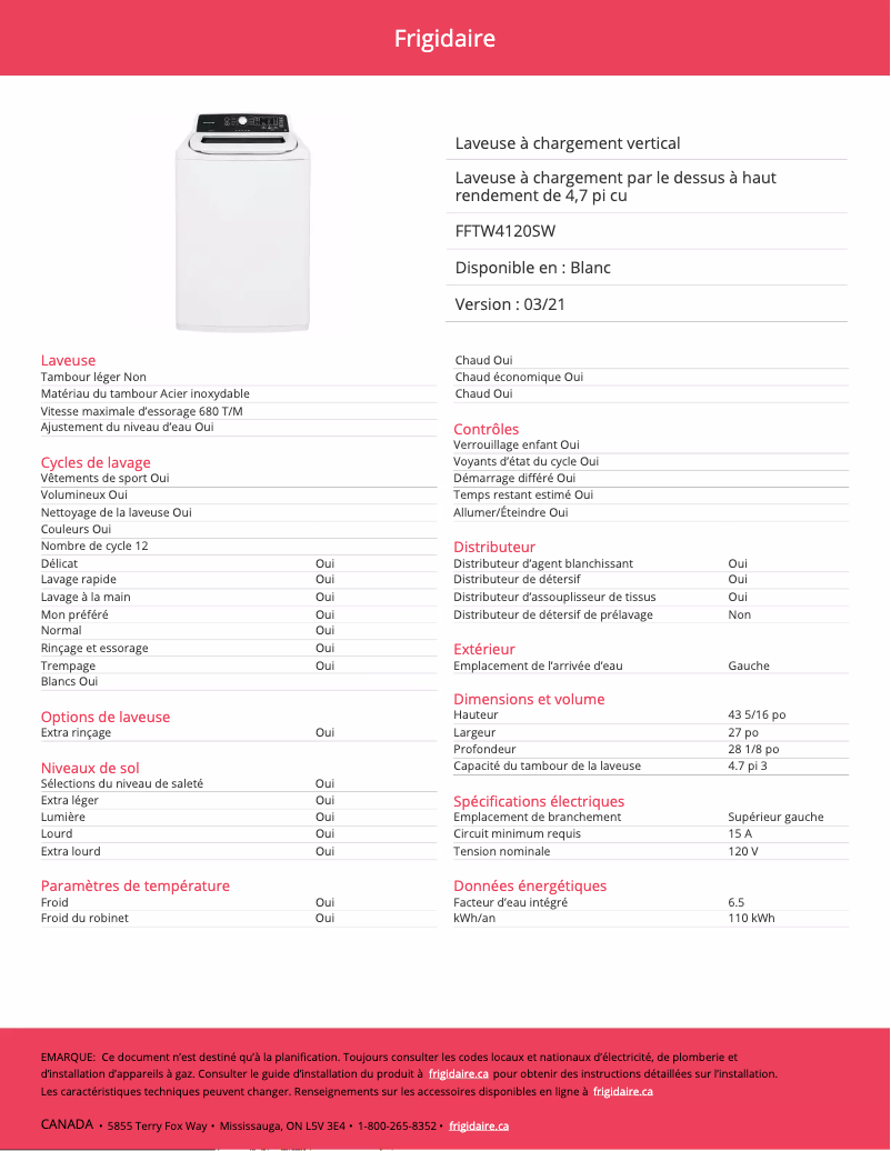 Page 1 de la notice Fiche technique Frigidaire FFTW4120SW