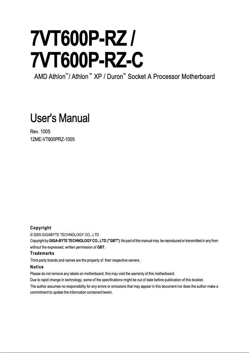 Page n°1 - Manuel utilisateur Gigabyte 7VT600P-RZ