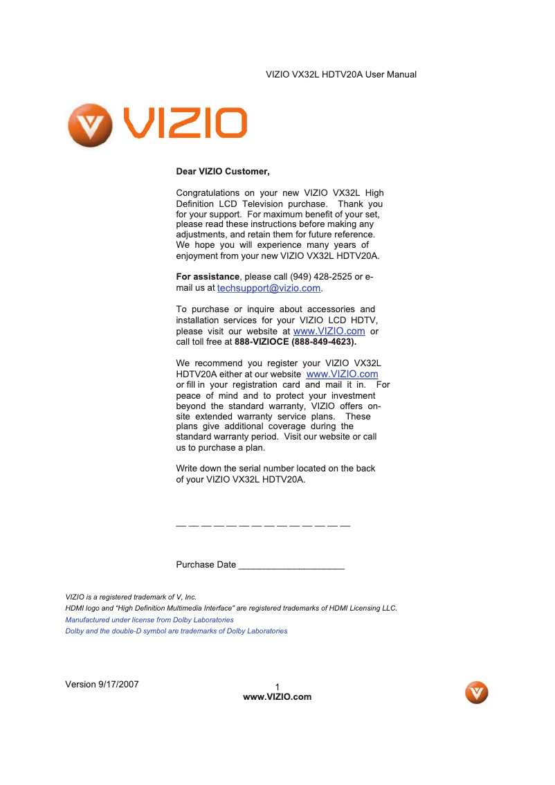 Page 1 de la notice Manuel utilisateur VIZIO VX32LHDTV20A