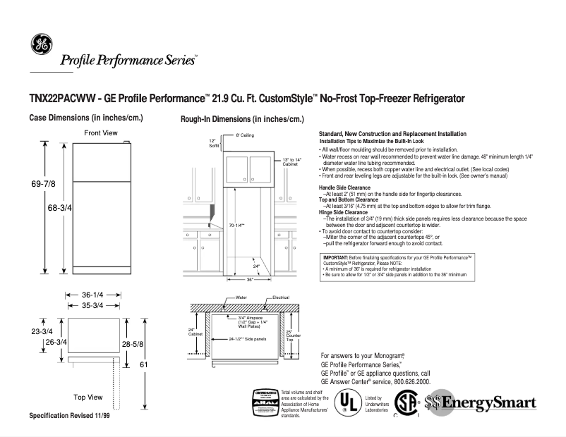 Página 1 del manual Ficha técnica GE Profile Performance TNX22PACRWW