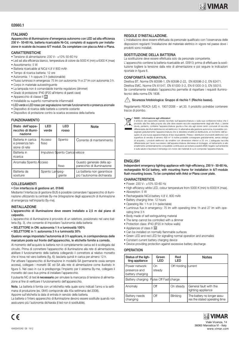 Page 1 de la notice Manuel utilisateur Vimar 02660.1