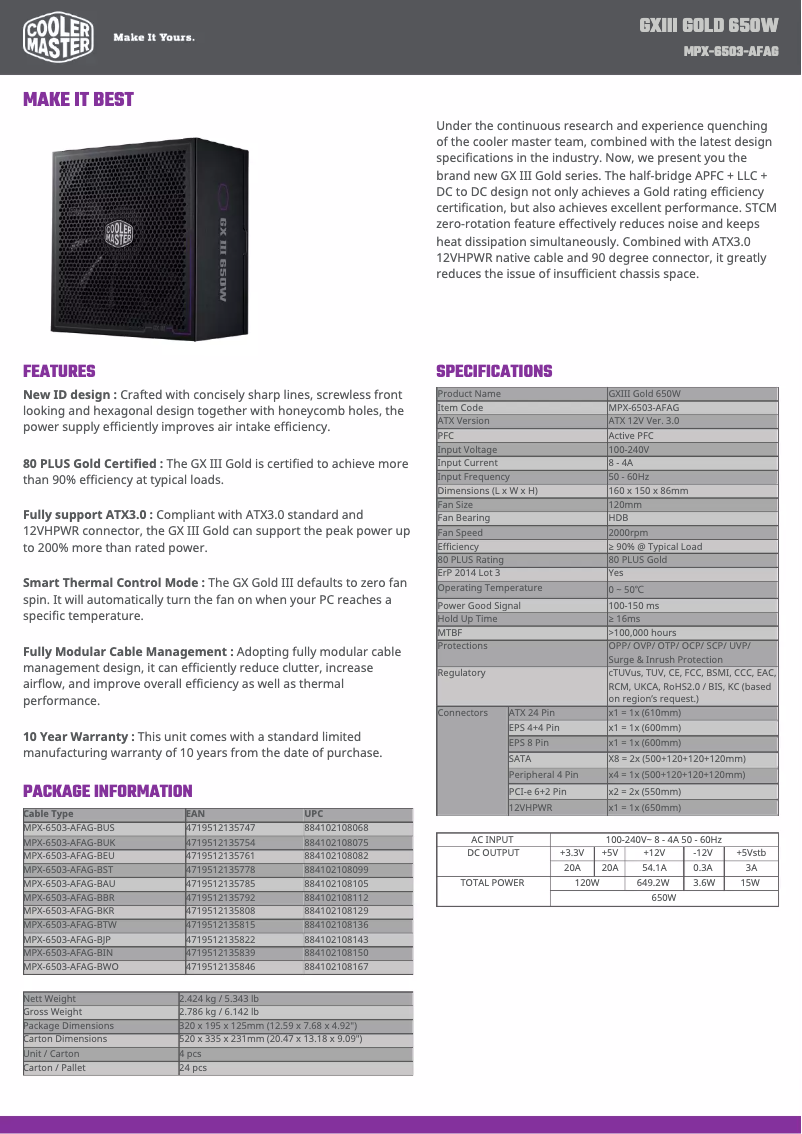 Page n°1 - Fiche technique Cooler Master GX III Gold 650