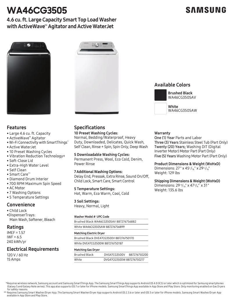 Page 1 de la notice Fiche technique Samsung WA46CG3505AW