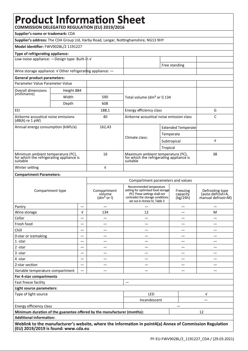 Page n°1 - Fiche technique CDA FWV902BL