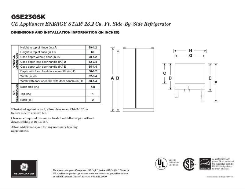Page 1 de la notice Fiche technique GE GSE23GGKWW