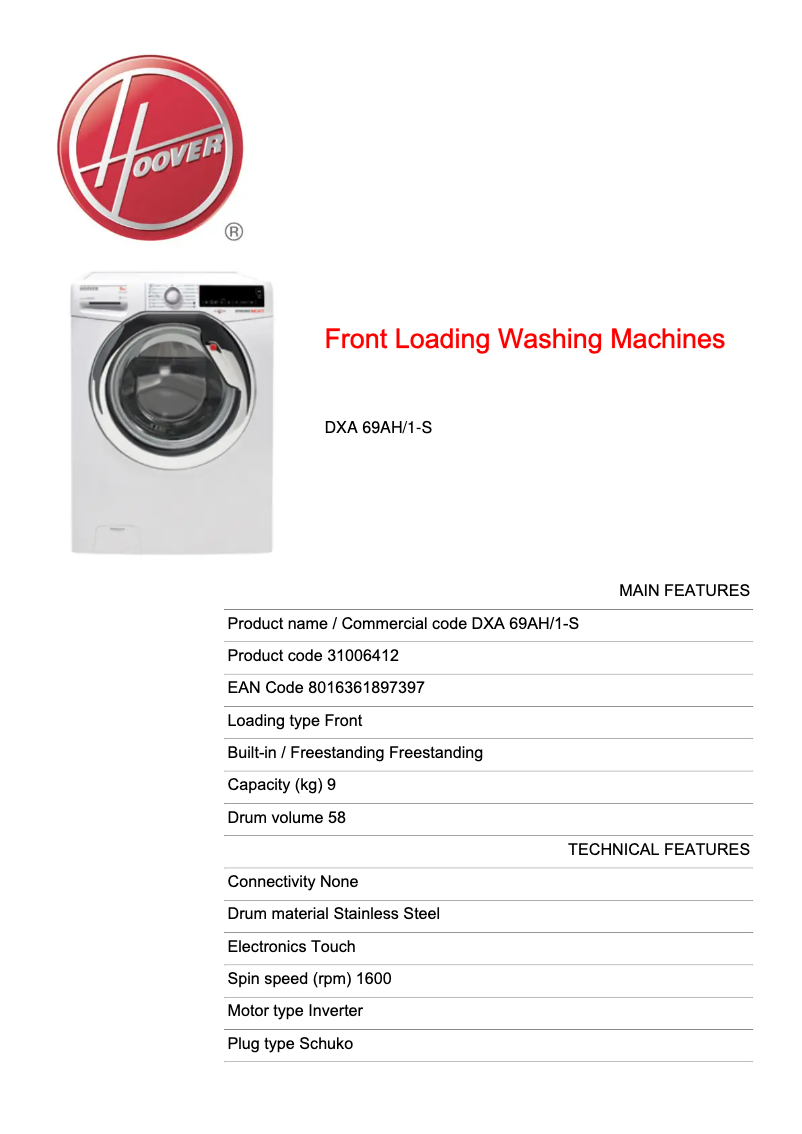 Page 1 de la notice Manuel utilisateur Hoover DXA 69AH/1-S