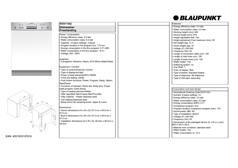 Page n°1 - Fiche technique Blaupunkt 5VI311AU