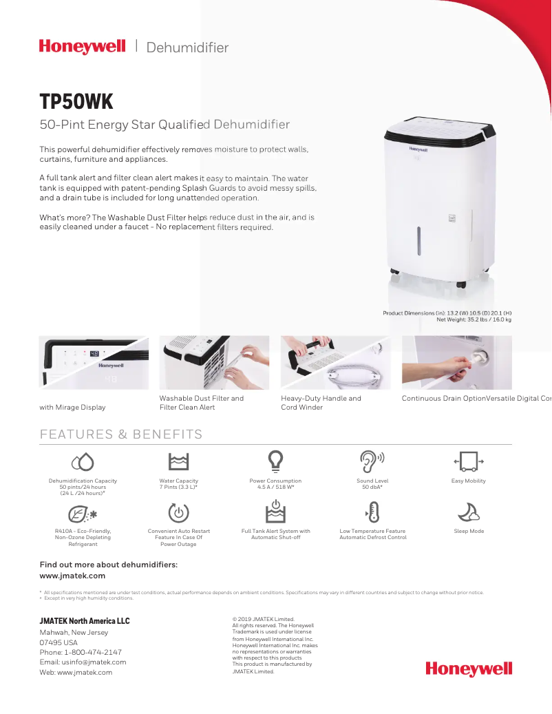 Page 1 de la notice Fiche technique Honeywell TP50WK