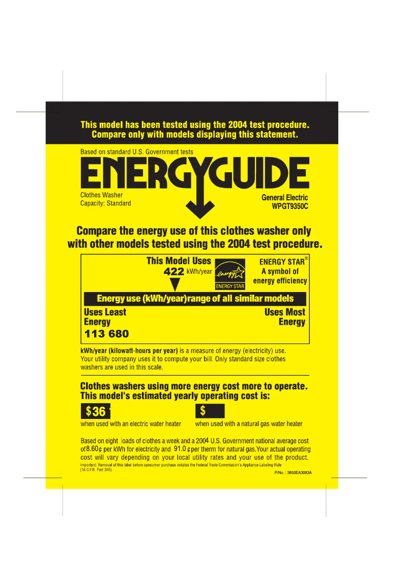 Page 1 of the manual Energy Label GE Harmony WPGT9350CPL