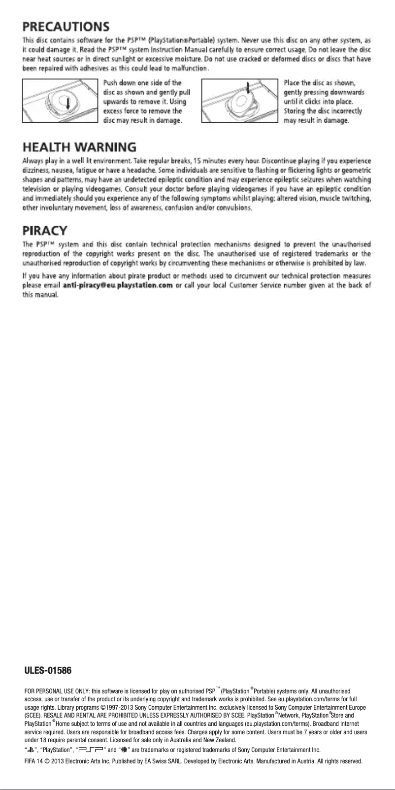 Page n°1 - Manuel utilisateur EA Fifa 14 (PSP)