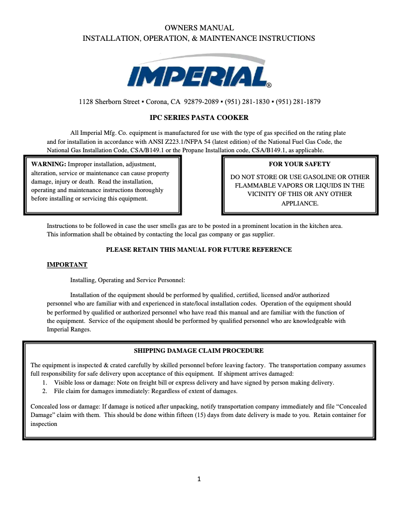 Página 1 del manual Manual de usuario Imperial IPC-14