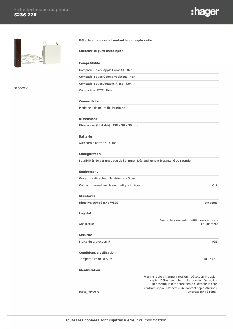 Page 1 de la notice Fiche technique Hager S236-22X