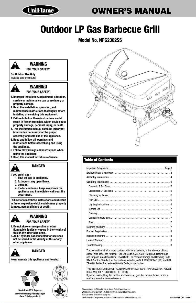 Page 1 de la notice Manuel utilisateur Blue Rhino NPG2302SS