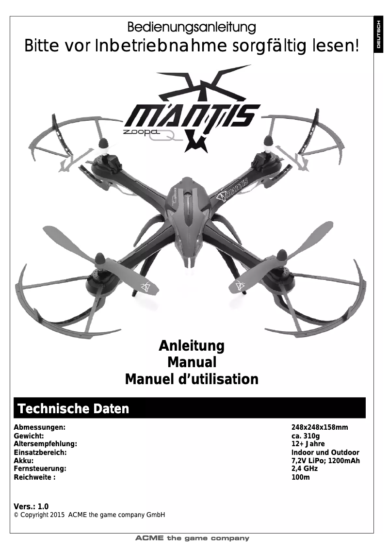 Page 1 de la notice Manuel utilisateur Snakebyte Zoopa Q600 Mantis 3D