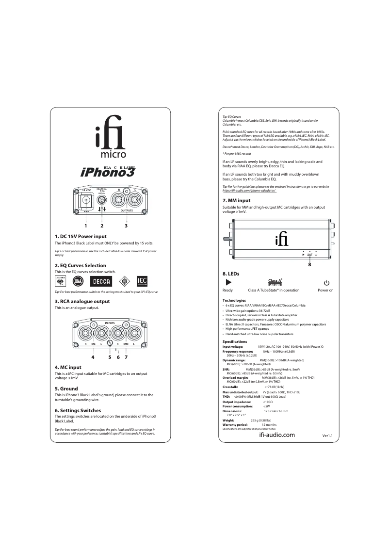 Page 1 de la notice Manuel utilisateur iFi Audio micro iPhono3 Black Label