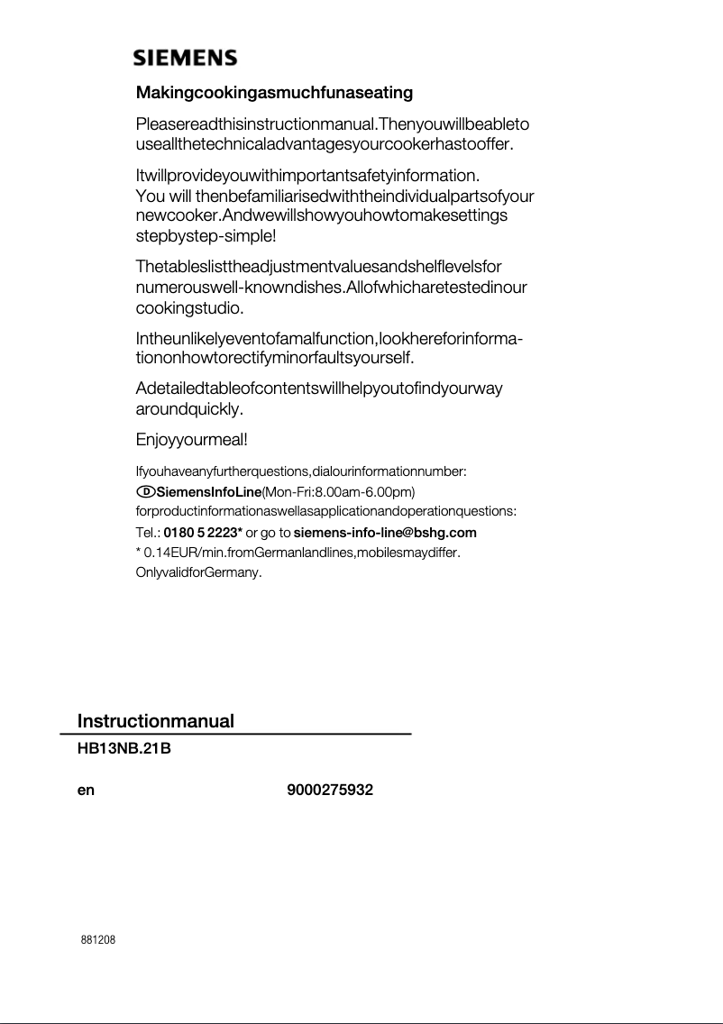 Page n°1 - Manuel utilisateur Siemens HB13NB221B