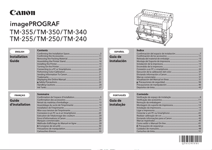 Page 1 de la notice Guide d'installation Canon imagePROGRAF TM-355