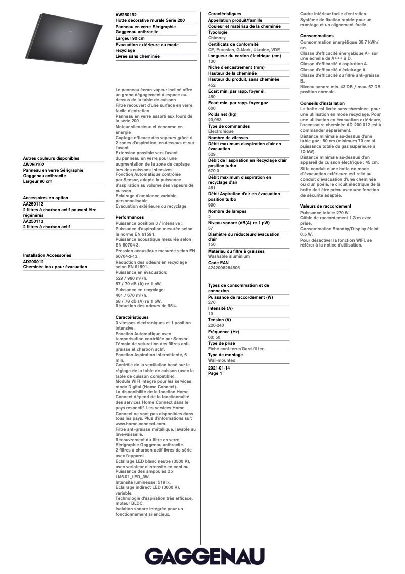 Página 1 del manual Ficha técnica Gaggenau AW250192