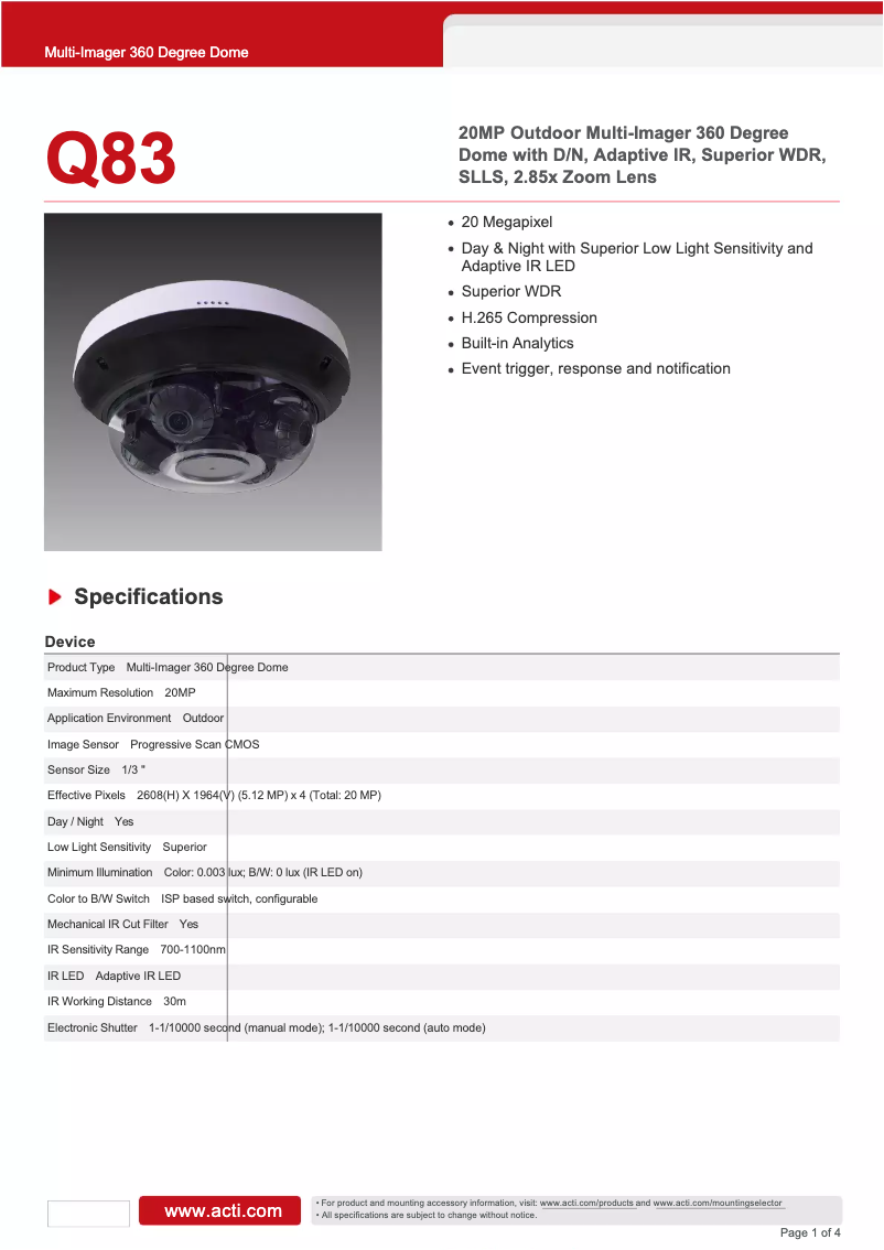Page 1 de la notice Fiche technique ACTi Q83