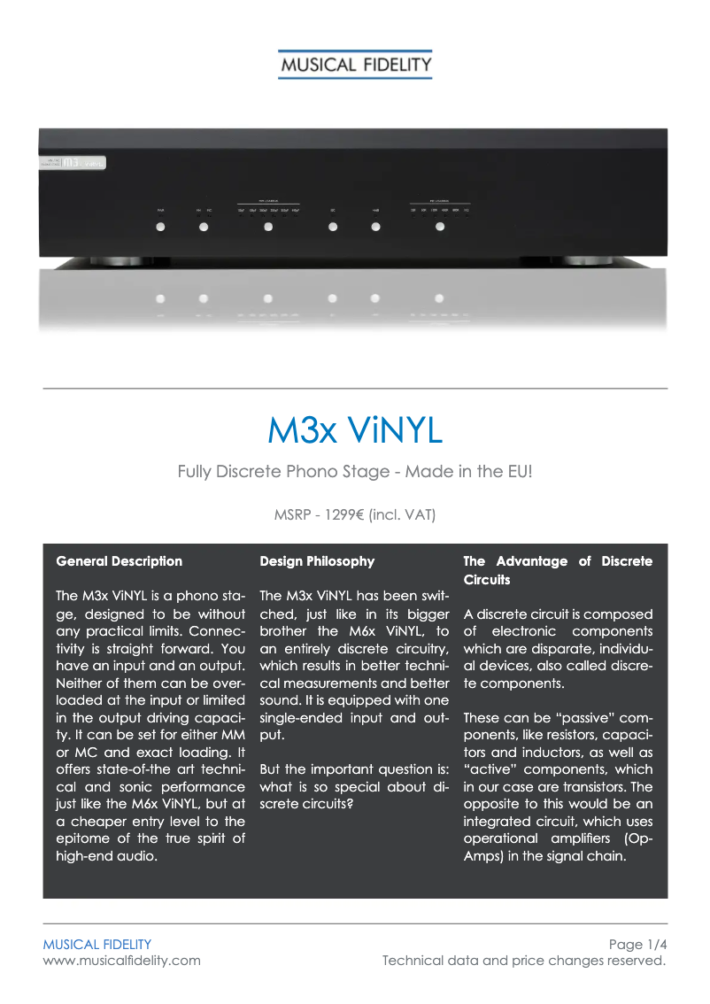 Page 1 de la notice Fiche technique Musical Fidelity M3x Vinyl
