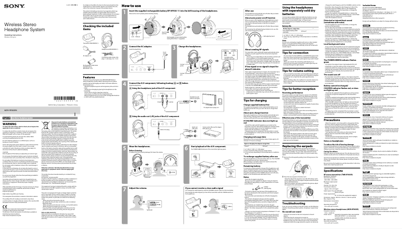 Page 1 de la notice Manuel utilisateur Sony MDR-RF855RK