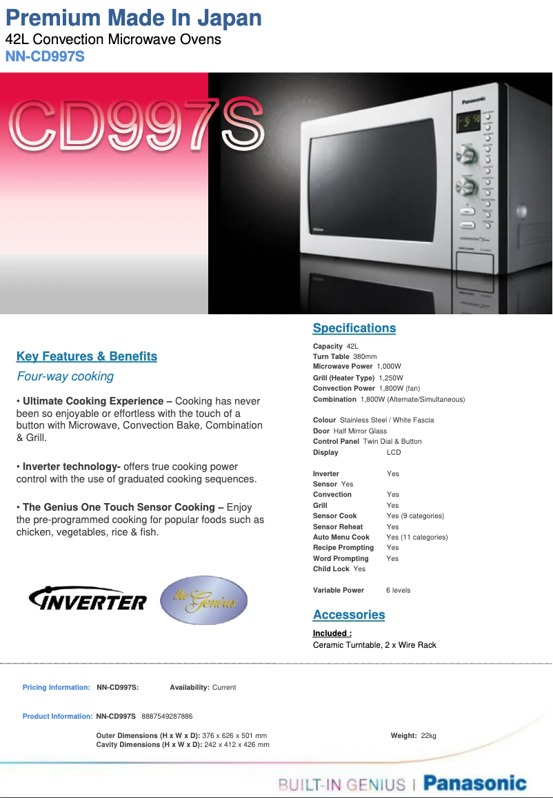 Page 1 de la notice Fiche technique Panasonic NN-CD997S