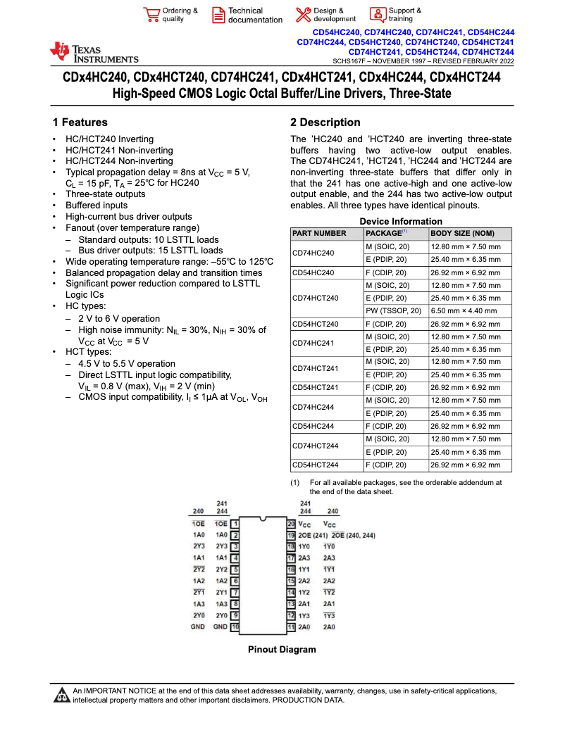 Page 1 de la notice Manuel utilisateur Texas Instruments CD74HCT244E