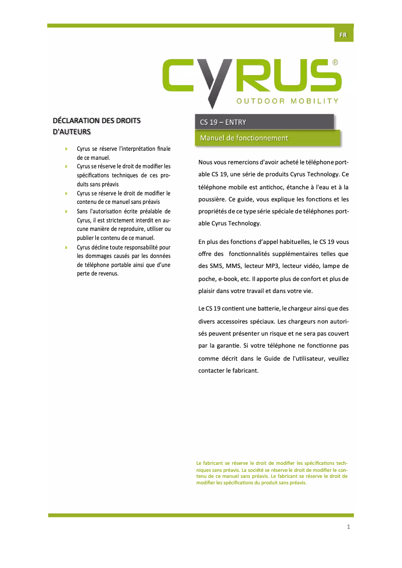Page n°1 - Manuel utilisateur Cyrus CS 19