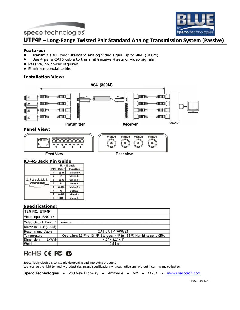 Page 1 de la notice Manuel utilisateur Speco Technologies UTP4P