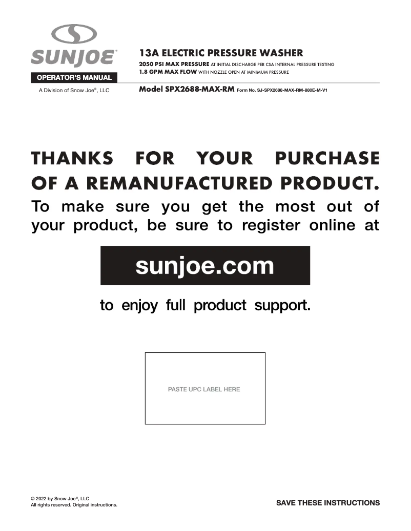 Page n°1 - Manuel utilisateur Sun Joe SPX2688-MAX-RM