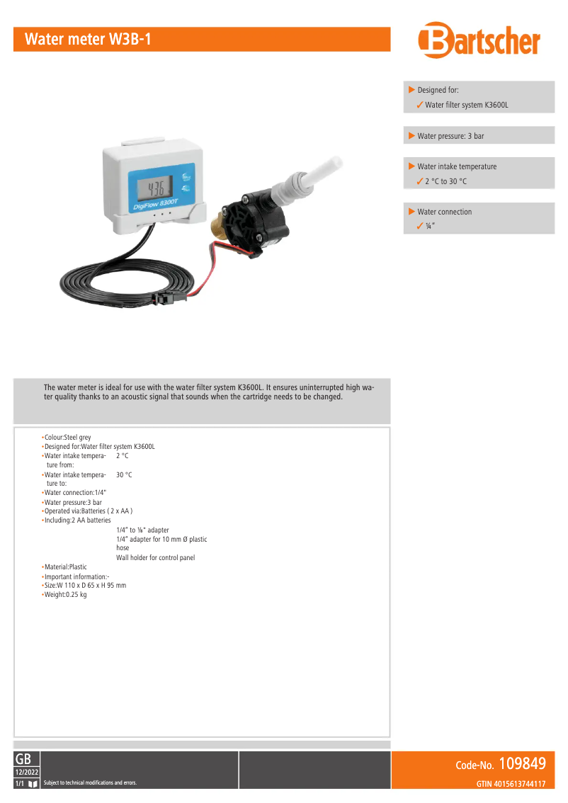 Page n°1 - Fiche technique Bartscher W3B-1