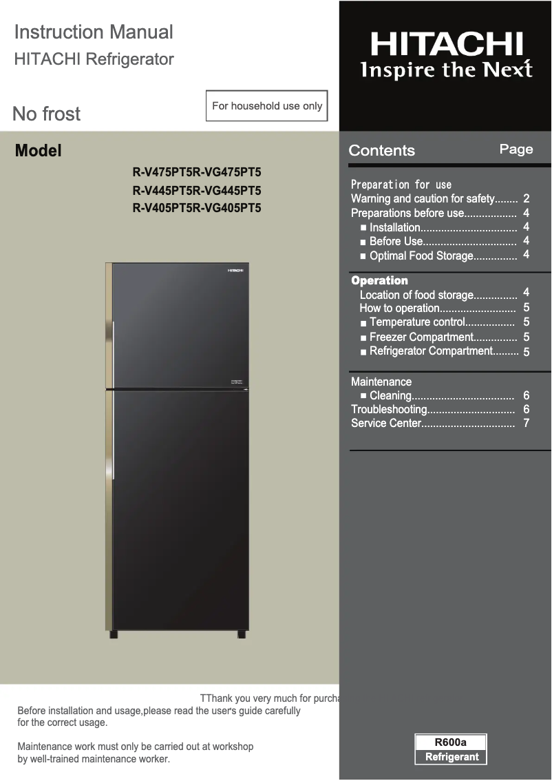 Page 1 de la notice Manuel utilisateur Hitachi R-VG475PT5