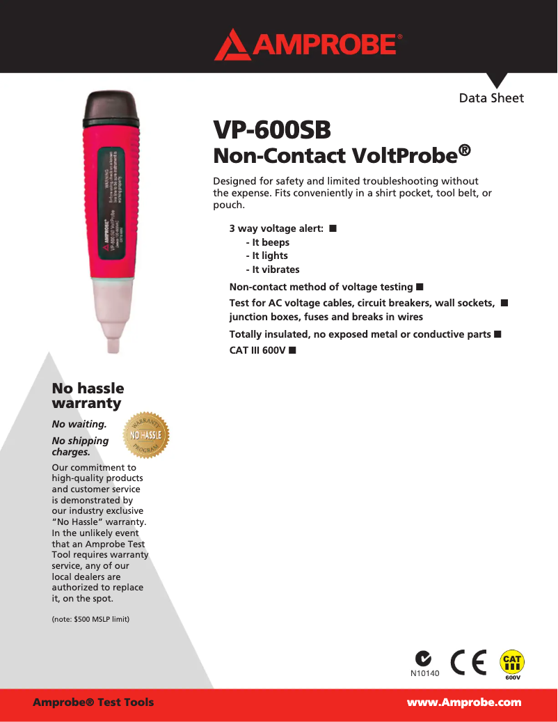 Page 1 de la notice Fiche technique Amprobe VP-600SB