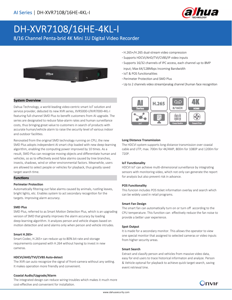 Page n°1 - Fiche technique Dahua Technology XVR7108/16HE-4KL-I