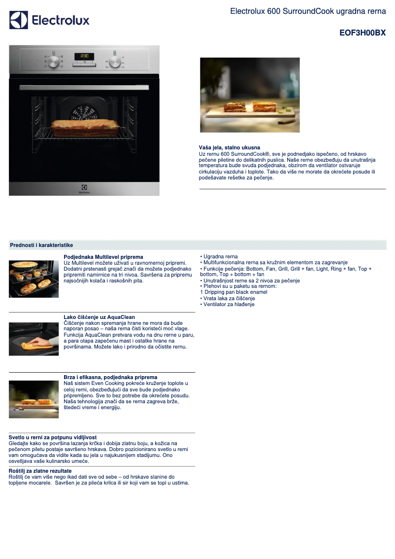 Page 1 de la notice Fiche technique Electrolux EOF3H00BX