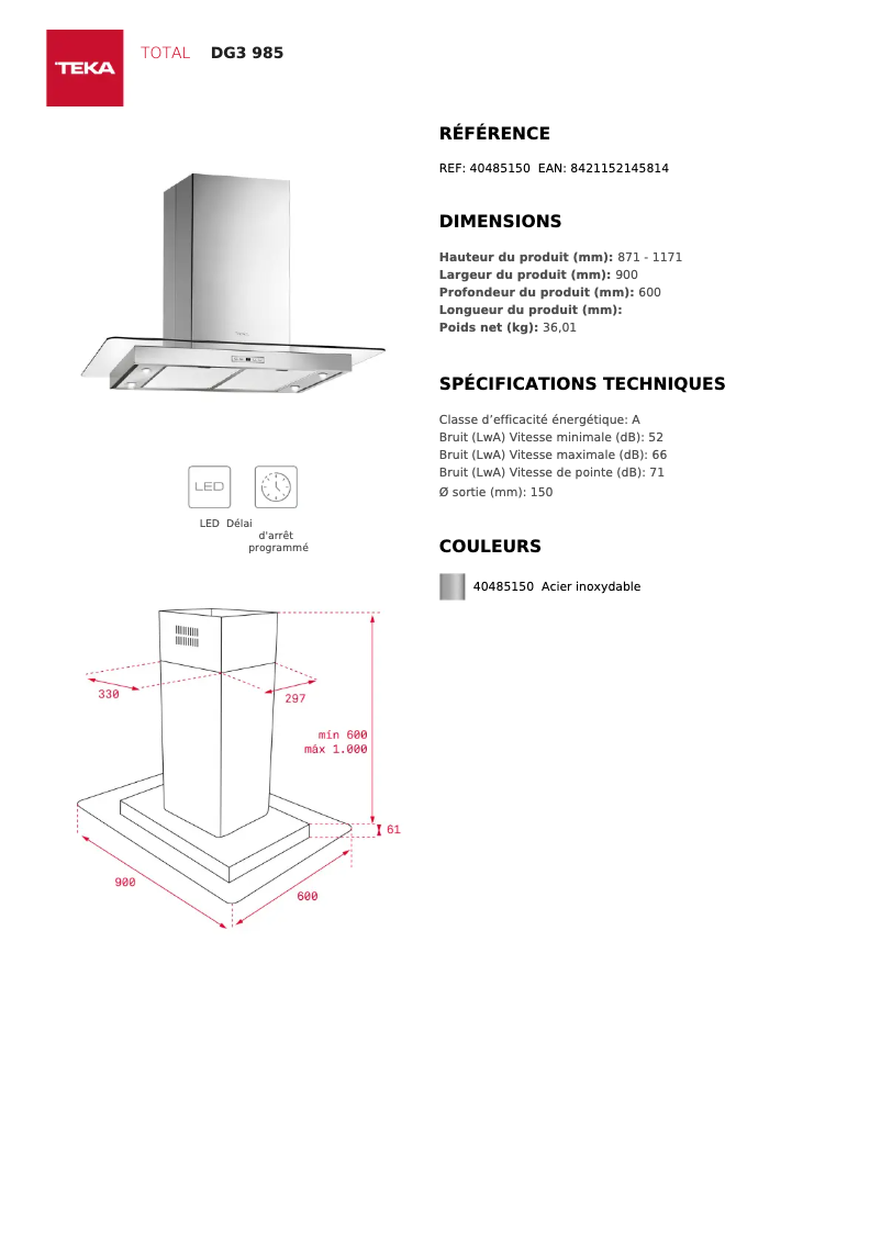 Page n°1 - Fiche technique Teka DG3 985