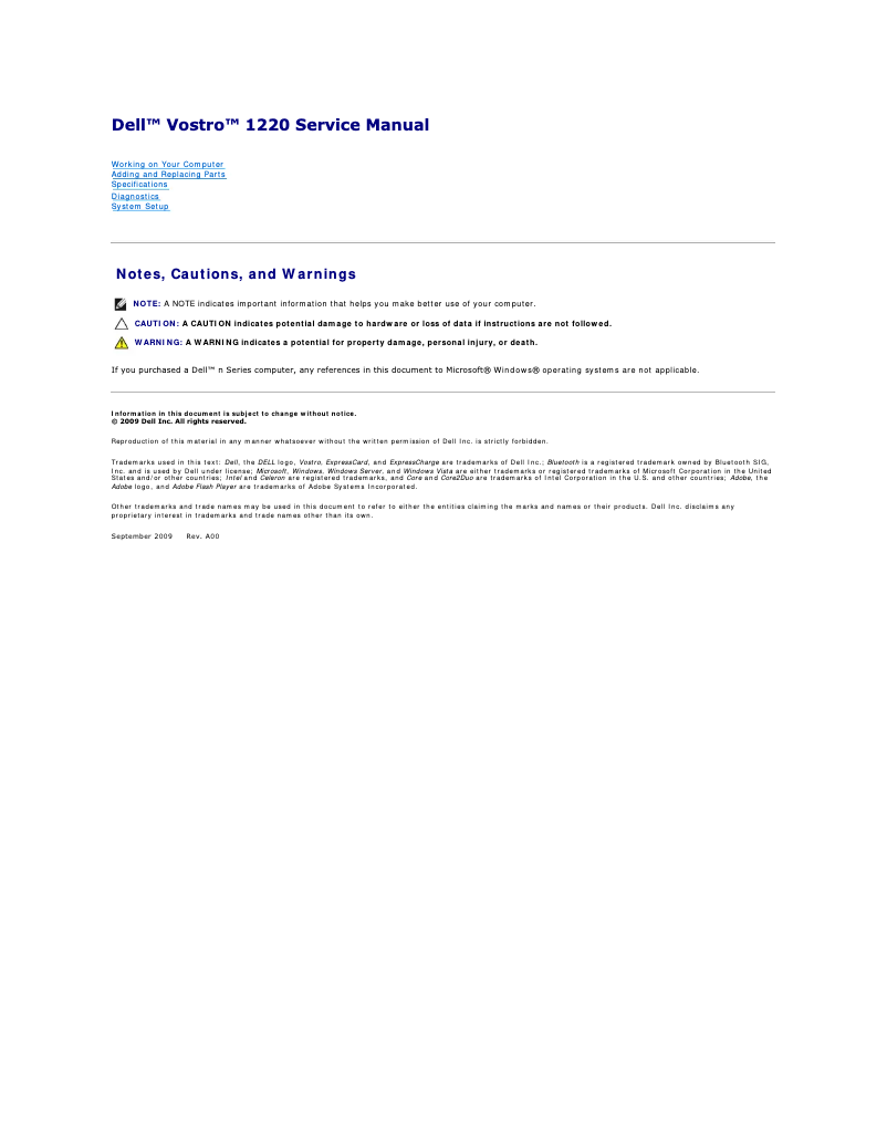 Page 1 de la notice Manuel utilisateur Dell Vostro 1220