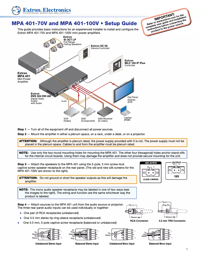 Page 1 de la notice Manuel utilisateur Extron MPA 401-70V