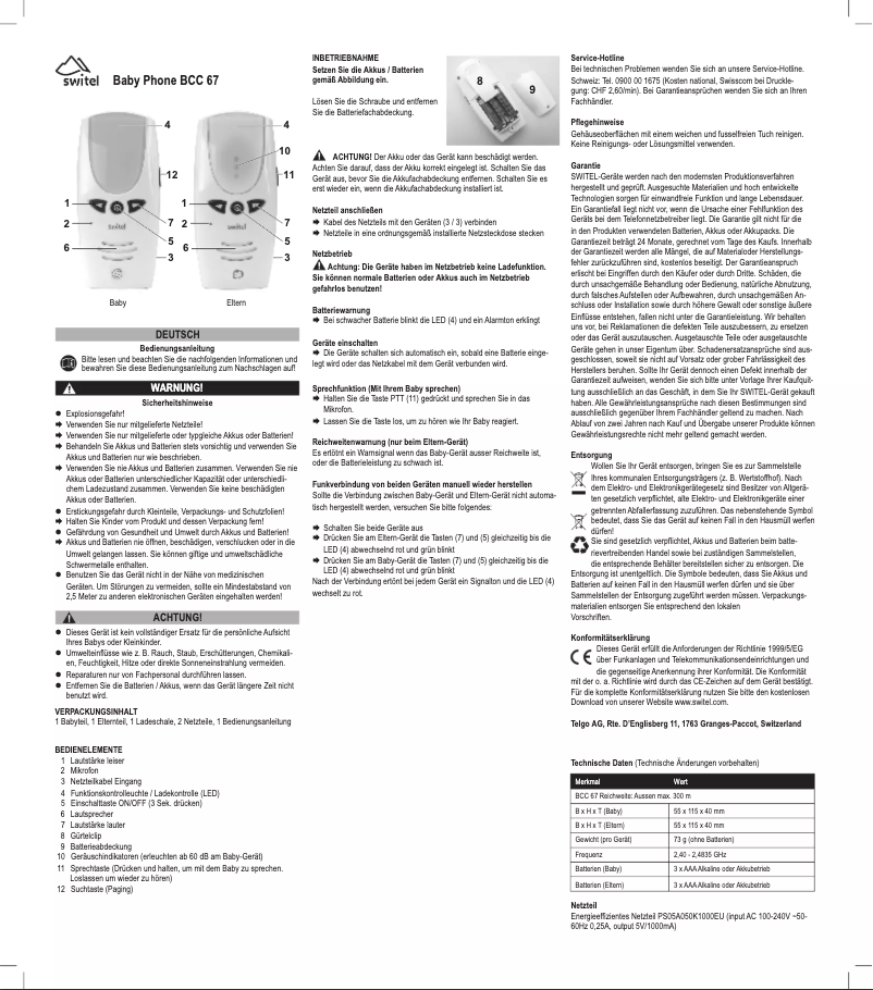 Page n°1 - Manuel utilisateur Switel BCC 67