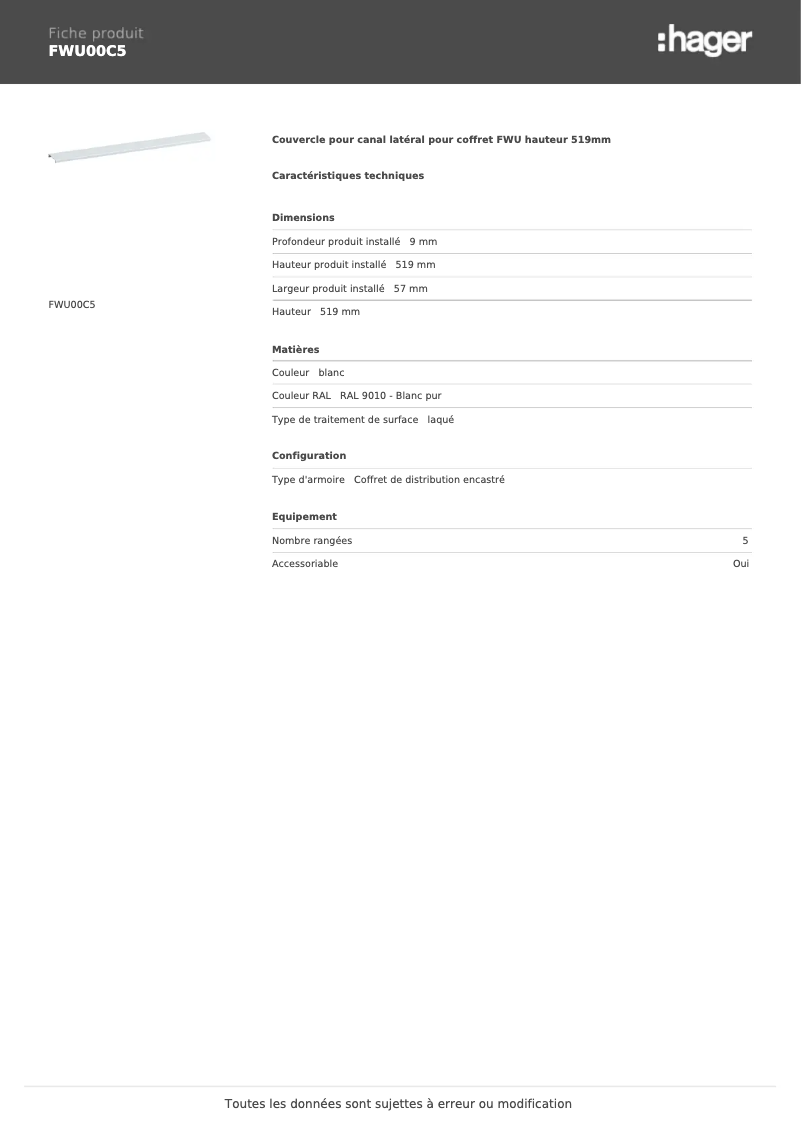 Page n°1 - Fiche technique Hager FWU00C5
