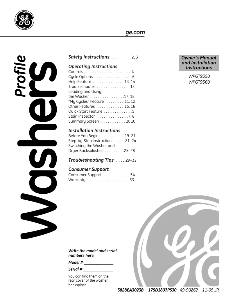 Page 1 of the manual User Manual GE Harmony WPGT9350CPL