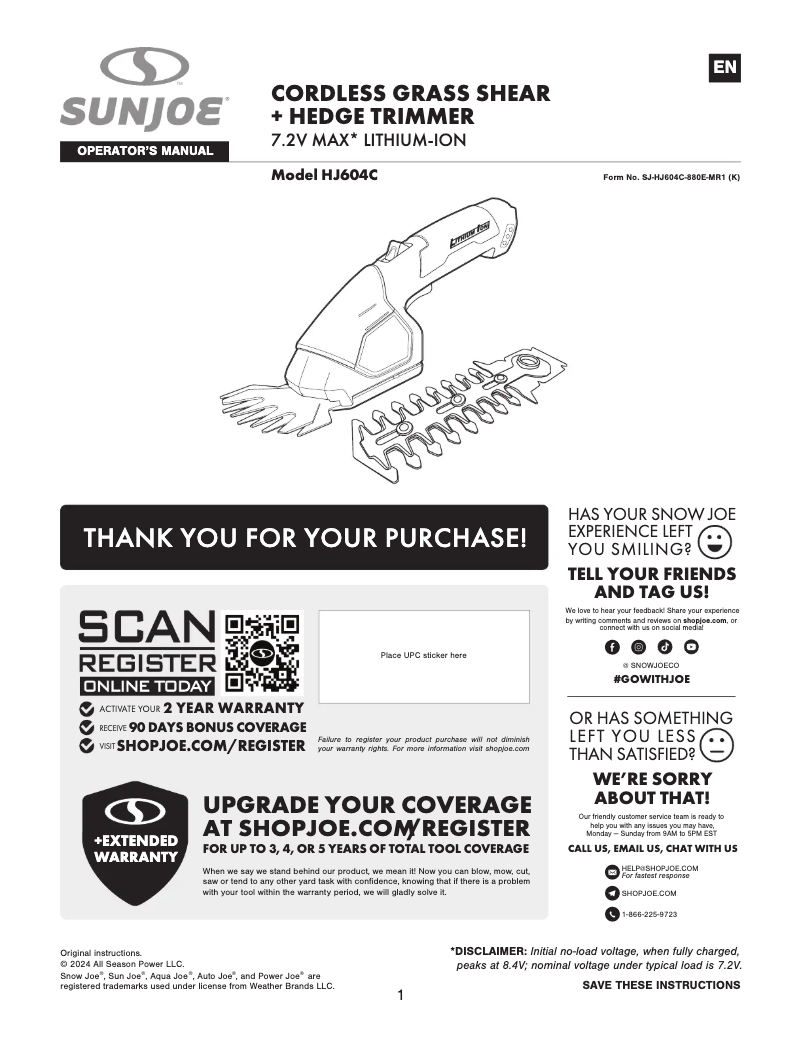 Page n°1 - Manuel utilisateur Sun Joe HJ604C-RED