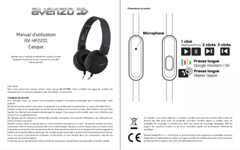 Page 1 de la notice Manuel utilisateur Avenzo AV-HP2201