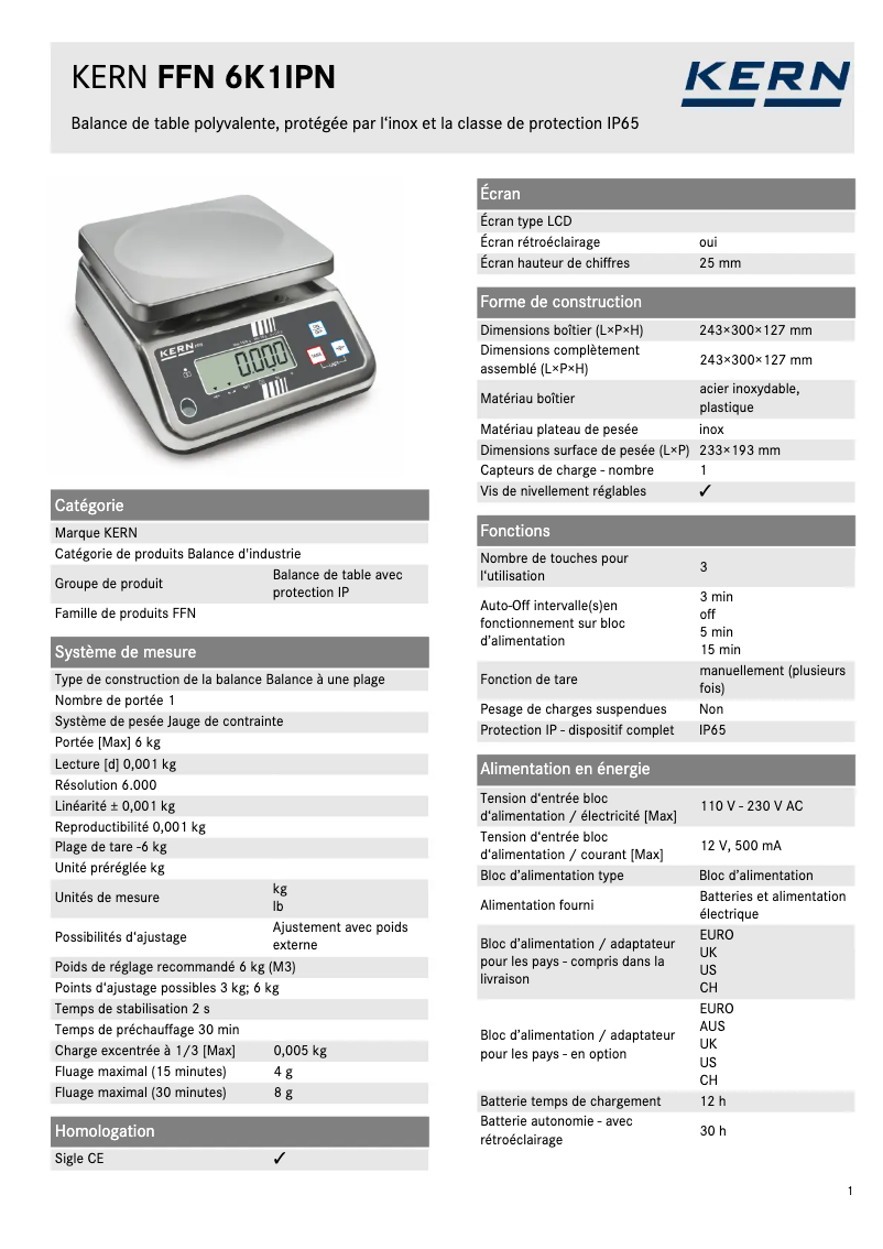 Page 1 de la notice Fiche technique Kern FFN 6K1IPN