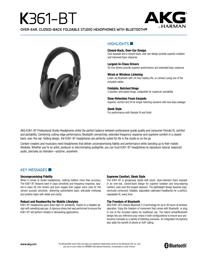 Page n°1 - Fiche technique AKG K361-BT