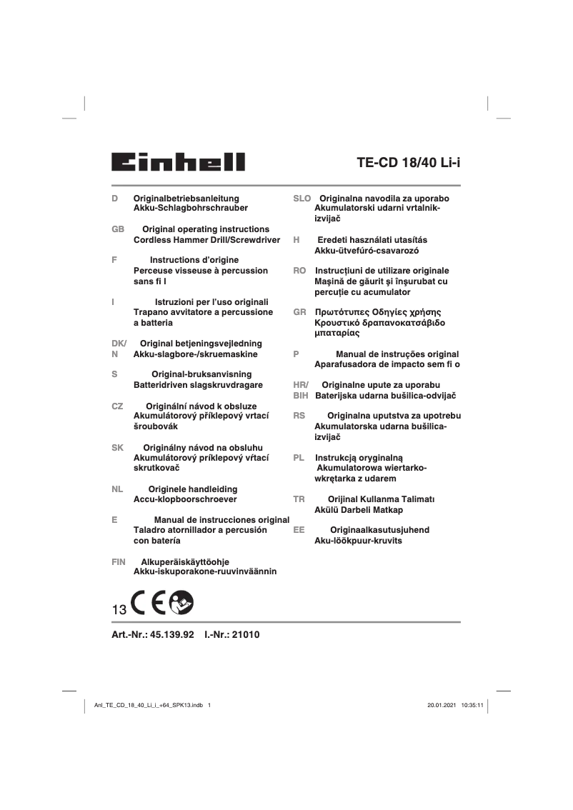 Page 1 de la notice Manuel utilisateur Einhell TE-CD 18/40 Li-i