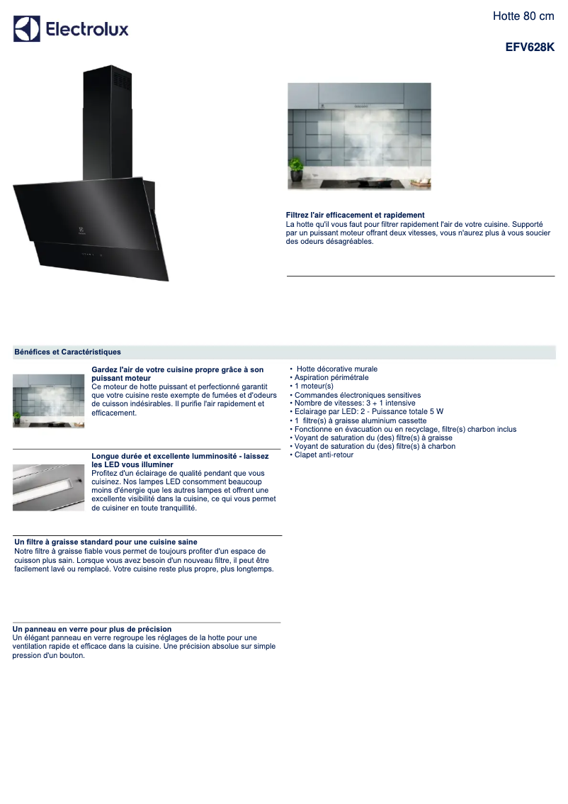 Page 1 de la notice Fiche technique Electrolux EFV628K